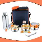 Priyaj Stainless Steel Lunch Box Set Family Series 3 Containers (320ml each),600ml Steel Bottle & spoon with Thermoware bag|Air Tight Orange lid|Leakage proof Tiffin Box|Office School Travel Lunch Box