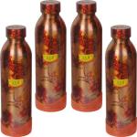 Shiv Shakti Arts Printed Flower Design Copper Bottle With Plastic Base Protacter, 1100 ML::Set Of 4