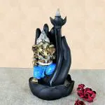 Craftam Black Blue Resin Ganesha Sitting on Palm Smoke Backflow Cone Incense Holder with 20 Free Backflow Cones