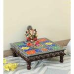 SA Handicraft Handmade Wooden Chowki| Floral Painting Decorative Bajot for Sitting Pooja Temple Multicolor Color (Size 15 x 15)