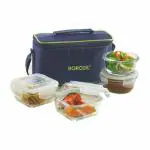 Borosil Universal Set of 4 Glass Lunch Box With Bag, Microwave Safe (Square - 320 ml, Round 240 ml)