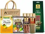 The Aroma Factory Happy House Warming Gift Hamper Set (Swad Mix 25 Candy,Kesar Chandan Dhoopbatti,Gugal Dhoopcone,Loban 30 Sticks Agarbatti Packets, Greeting Card, Jute Bag) Gift Item