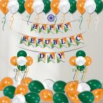 1iAM Republic Day Decoration Combo Including Happy Republic Day Paper Banner with Ashoka Chakra, 150 Premium Metallic Balloons, 3 Large Curling Ribbons, Glue Dots (Orange, White, Green | Pack of 156)