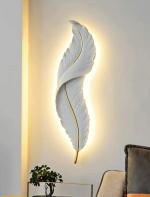 UPZING DECOR MDF Roya Led Wall Sconce for Bedroom Luxury Best Living Room Light Fixture Modern Feather Design Indoor Lustre Resin Lamps (White/Golden)(24X9 Inch)