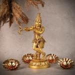 NIKSA HOMES Brass Lord Krishna with Flute and Lotus Feet | Handcrafted Sculpture | Idol Statue for Home, Pooja Room, Gift | Gold Finish