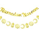 Festiko 2 Pieces Ramadan Kareem Banner Gold Glittery Banner Decorations And Moon Stars Lantern Garland Decorative Eid Festival Hanging Garlands For Home Supplies Ramadan