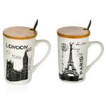 Satyam Kraft White City Printed Ceramic Coffee Mug With Wooden Lid And Steel Spoon 400 Ml (2 Pcs)