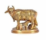 Idol Collections Gold Brass Kamdhenu Cow And Calf Idol For Vastu Mandir Home, 5 Inch