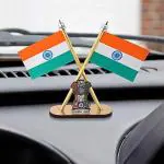 VOILA Indian Indian Flags Cross Design Stand with Satyamev Jayate Symbol Flag for Car Dashboard