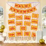 Zyozique Haldi Ceremony Decoration Set - Banner, Photo Booth Props & White Net Curtains (Pack Of 18)