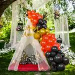SpecialYou.in Canopy Anniversary Decoration Items Kit with Red/ Golden/ Black Balloons, Net curtains and fairy lights for Anniversary and Valentines Day decoration- 49 Pcs