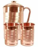 Shri Hari Art Villa Handcrafted Brown Copper Jug Pitcher and Glass Tumbler - 1500 ml (Pack of 3)