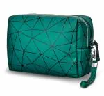 House of Quirk Makeup Bag Cosmetic Geometric Toiletry Bag PU Zipper Pouch-Green