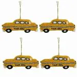 Treasure Hunt Yellow Medium Beaded Taxi Car Shaped Hanging Handcrafted Christmas Ornaments for Tree Decoration, 10.2 x 10.2 x 10.2 cm (pack of 4)