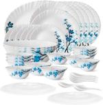 Larah Opalware Blue, White Present Boroosil Mimosa Opal Glass Dinner Set (Pack Of 35)