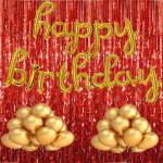 Festiko 21Pcs Golden Happy Birthday Combo Decoration Item (Happy Birthday Script Letter Foil Balloons, 20Pcs Golden Latex Balloons, 3Ftx6Ft Red Foil Curtains) For Birthday Party Decoration