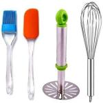 Skygold Non-Stick Silicone Spatula Cooking Oil Brush Set Egg Whisker and Stainless Steel Potato Masher Kitchen Tool (Pack of 4)