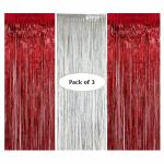 Webble Red and Silver Foil Fringe Curtains for Party Decorations| 3 Pieces, 6 feet Long Curtains for Birthday, Valentines Day, College Function, New Year's, Christmas