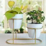 NANSON Antiue Finish 2 Cone Planter with Golden Color Stand Set of 3 pcs| Metal Pot| Durable |Fade resistance| Rust Free| Indoor Outdoor| Table Top Decor
