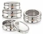 NIRLON Stainless Steel Flat Canisters/Puri Dabba/Storage Containers With See Through Lid, Set of 3, 900ml,1.2l,2l,2.5l
