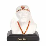 VOILA Shirdi Sai Baba Statue Blessing On Wooden Pedestal for Car Dashboard Idol Poly Marble 8X7X5 White