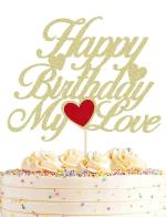 Festiko Happy Birthday My Love Cake Topper Gold Glitter My Love Birthday Party Cake Decoration Supply Lover Birthday Cake Topper With Heart For Wife, Husband, Children Or Parent