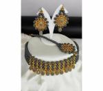 Gyaan Jewels Handmade Gold Plated Alloy Necklace, Earring and Maang Tikka Set Grey (Women) (Pack of 1) Free Size