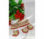 Gyaan Jewels Handmade Alloy Necklace, Earring and Maang Tikka Set Red (Women) (Pack of 1) Free Size