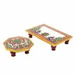 Handicrafts Paradise Marble Pooja Chowki for Mandir 6 x 4 inch & 4 x 4 inch (Set of 2)
