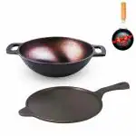 The Indus Valley Super Smooth Cast Iron Cookware Set + Free Tadka Pan | Tawa (25.4cm)+Kadai (25cm/2.5L) | Kitchen Cooking Combo Pots and Pans Set of 2Pc | Pre-Seasoned,Naturally Nonstick