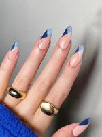 Secret Lives Glossy Artificial Almond Shape Pink & Blue Color with Grey Stripes Fake False Press on Nails 24 pieces Set with Kit