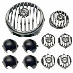 RIDOX Bike Diamond Head Light Grill/Jali + Indicator Cap and Headlight Indicator Grill Metal Silver & Black Set of 10 Compatible with Royal Enfield Hunter 350