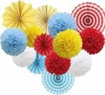 Crelzos Red, Yellow and Blue Paper Material Party Decorations Set - Paper Fan Paper Pom Poms Flowers (Pack of 18) 12 L, 10 W, 12 H cm