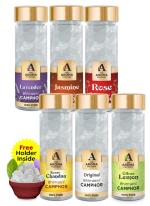 The Aroma Factory Pure Bhimseni Camphor, Lavender, Jasmine, Rose, Chandan, Original & Citrus Lemon, Zero Residue Kapoor with Fragrance for Pooja, Aarti Kapur | Bottle Pack of 6 x 80gm