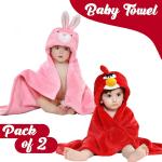 Pandaoriginals Pink, Red Fleece Bath Robes for Baby Boys and Girls (Free size) Pack of 2