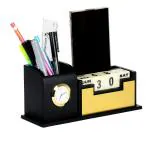 SHIVOM CRAFTS Pen Stand for Office Table, Desk Organizer with Wooden Calendar, Pen Stand, Mobile Holder for Home and Office Customized, Personalized Gift, Get Name Printed (Gold)
