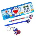 Magic Star Doraemon Magnetic Box Calculator & Dual Sharpener Geometry Box for Kids | Stationery Set Combo | Multicolor Plastic Pencil Box (Combo of 4)