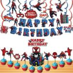 Festiko Spider Man Theme Birthday Decoration Combo (24 Pcs) Birthday Party Decoration Items, Superhero Happy Birthday Theme Party Decoration Banner, Swirls, Cake, Cup Toppers