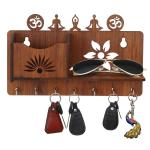 MADHAV Om Key Holder for Home | Wooden Key Stand for Wall | Key Hanger (7 Hooks, MDF Brown)