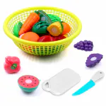 Aditi Toys Fruits and Vegetables Set in One Basket with Chopper Board & Knife for Kids, Fruit & Vegetable Combo Basket for Kids , BIS Approved (Yellow)