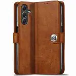 Fastship SAMSUNG Galaxy A25 5G 2024 Flip Cover Full Protection imported TPU Wallet Button Magnetic Book Leather Flip Cover for SAMSUNG A25 5G 2024 - Tan Brown