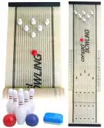 QUALITIO Compact Bowling Game Indoor Table Games Portable Set w/ Lane, 6 Pins, 2 Bowl Bearings.