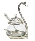 KridayKraft Prince Home Decor & Gifts Aluminum Duck Shaped Blue Colored Glass Bowl Tray Set with Spoon (11 x 15 x 11 cm, Silver)