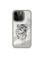 TREEMODA Santa Barbara Embroidered Snow Leopard Series Leather White Back Case Compatible for iPhone 15 Pro Max.