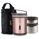 Home Puff Double Wall Vacuum Insulated Round Stainless Steel 2 Containers Lunch Box with Bag - 1300 ml