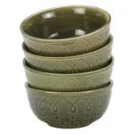 Bodhi House Hand Glazed Ceramic Embossed Serving Bowl/Katori Set of 4-180Ml | Microwave and Dishware Safe - Moss Green