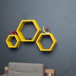 Sattva Wall Mounted Hexagon Shape Wooden Wall Shelves for Wall Decor Set of 3 (Yellow)