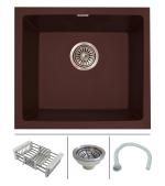 Zinzer Brown Quartz Kitchen Single Bowl Model Kitchen Sink With Drain Coupling, Basket, Drain Pipe And Installation Template, 16 X 18 X 8 Inch