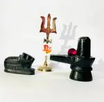 DARIDRA BHANJAN -Shivling Nandi black color in small size idols with Trishul/Figurines Shivling, Shivling black for worship, home use, Shivling, Nandi Idols, Brass trishul.