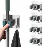 Stainless Steel Broom Holder Wall Mounted Self Adhesive | Drill Free Tight Grip Mop Holder and Broom Holder Wall Mount with Hook for Home, Kitchen, Garage, Bathroom Storage-Silver - Pack of 1